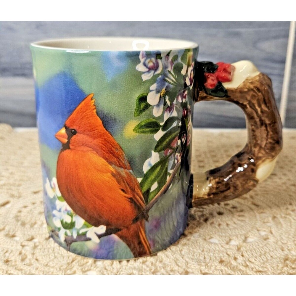Cardinal Coffee Mug River's Edge Ceramic Male Female Birds Branch Handle 15 Oz